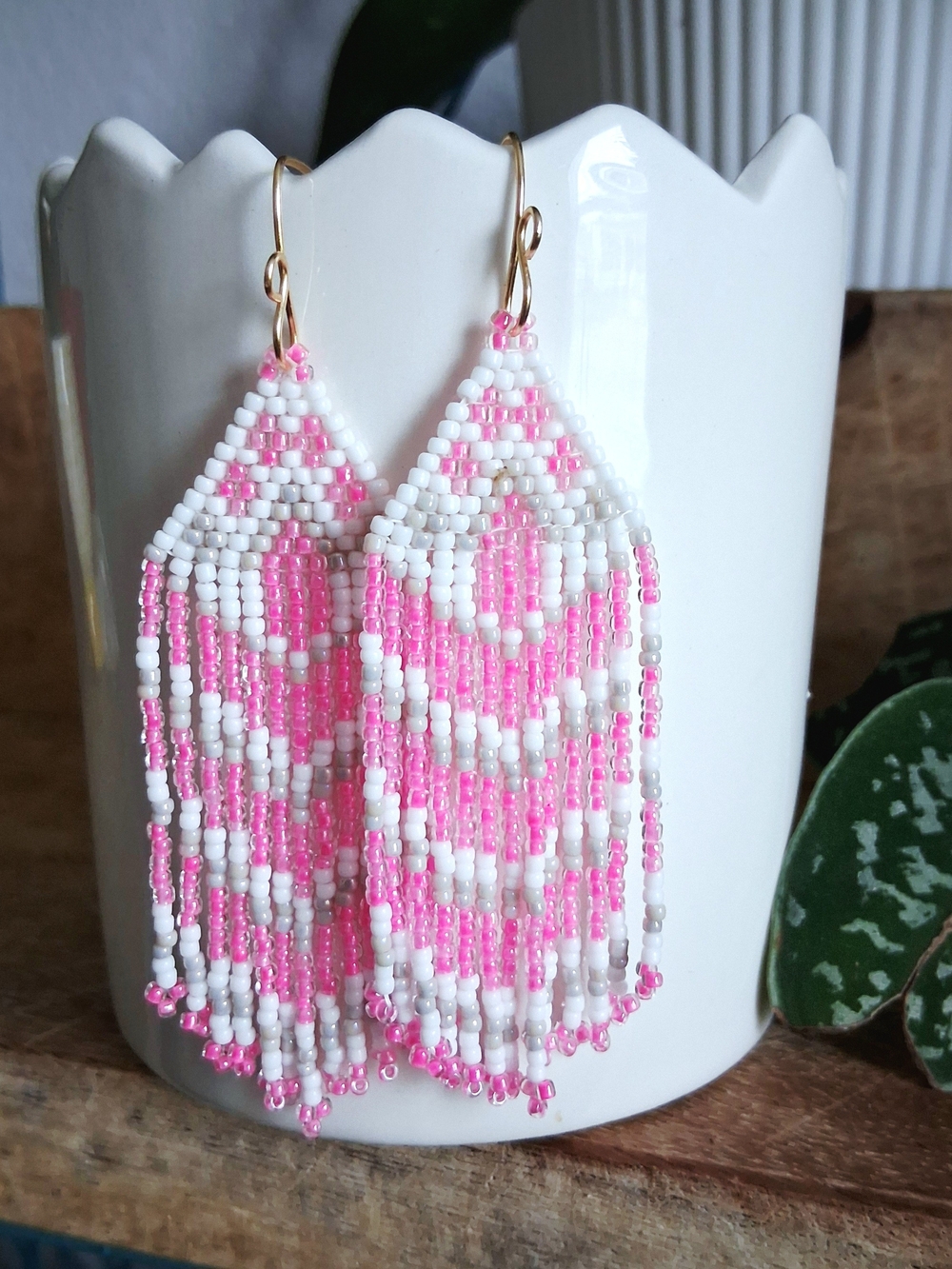 Handmade Pink and White Beaded Fringe Earrings